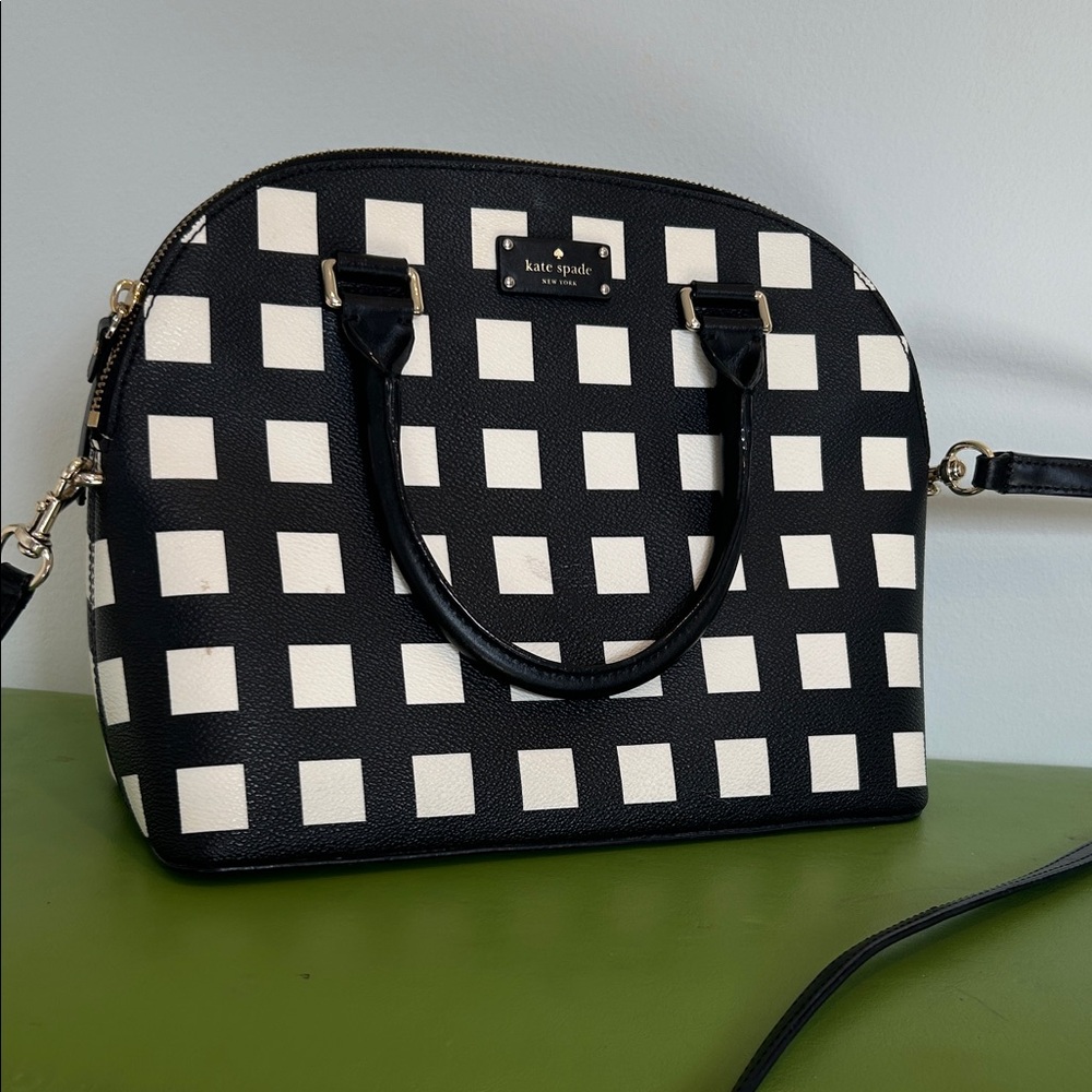 Kate Spade Black and White Check Dome Satchel with Gold Hardware